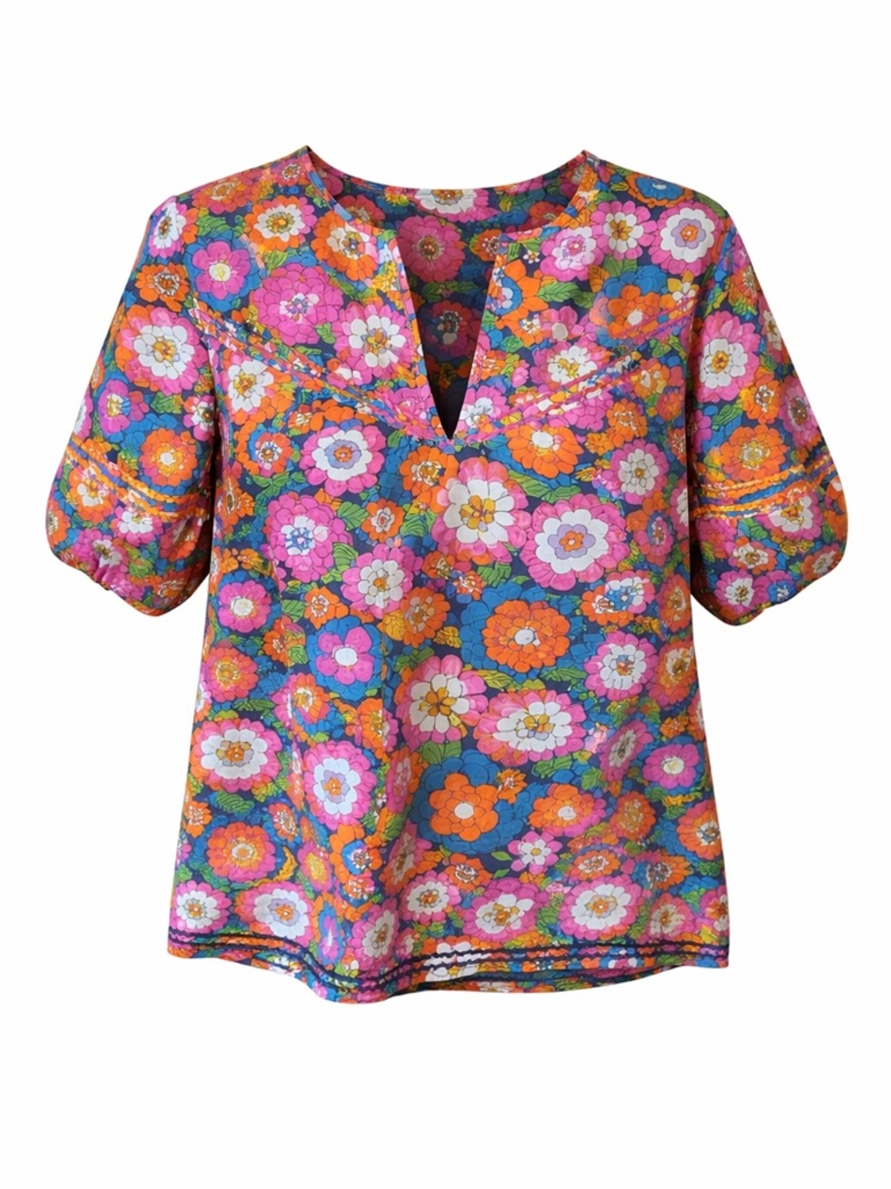 WYSE London Retro Floral Boho Blouse Mod 70s Cottagecore Cotton Top-Size 2